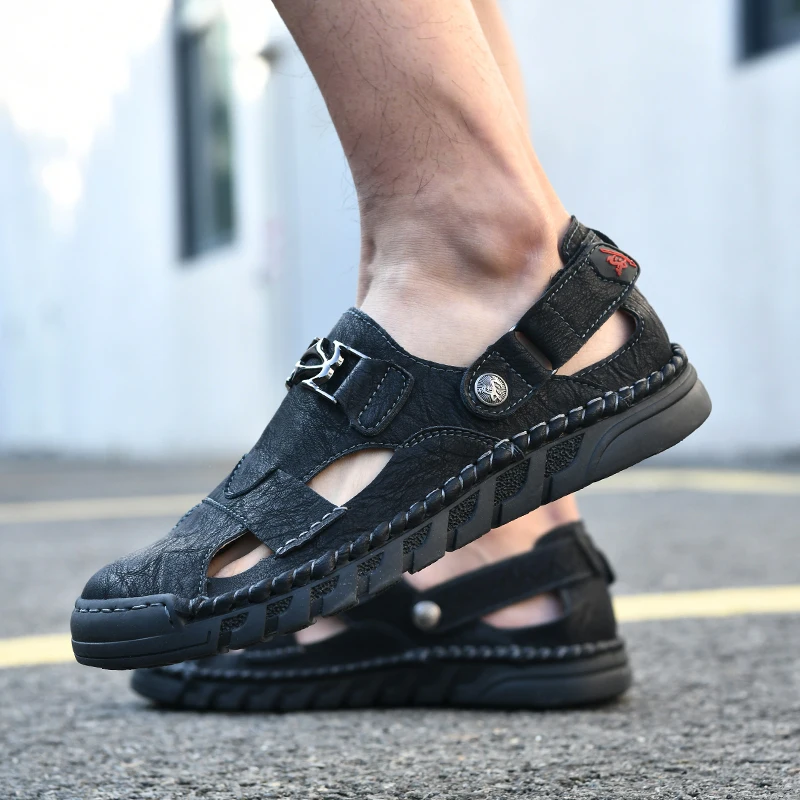New Summer Breathable Men Sandals Fashion Roman Sandals Handmade Leather Men Slipper Outdoor Beach Men's Flip Flops Big Size 48