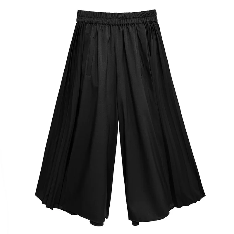 Women Pleated Pant Spliced Capris Color Block Empire Elastic Waist Wide Leg Pant Loose High Strech Streetwear Casual 2025 Autumn