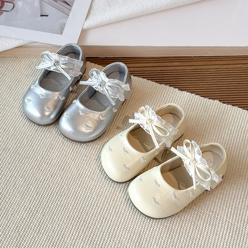 

Girls' Elegant Leather Shoes 2026 New round Toe Lace Bow Princess Fashionable And Versatile Children's Footwear 21-30