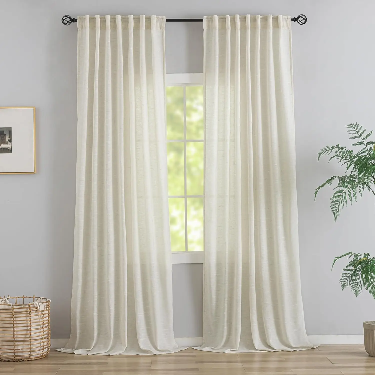 

120 Inches Extra Long Linen Curtains Living Room,1 Pair Back Tab Neutral Farmhouse Light Filtering Semi Sheer Boho Linen