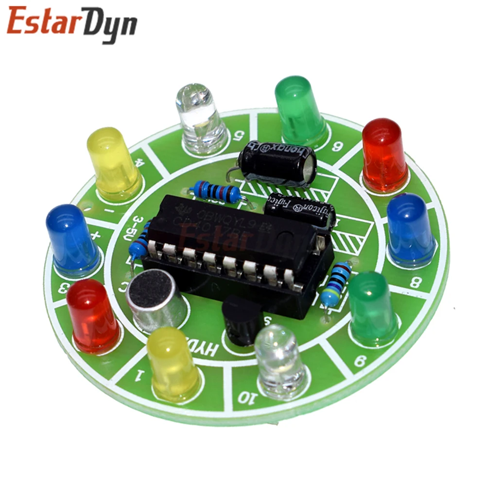 CD4017 DIY Electronics Kit, Colorful Voice Control Rotating LED Light Module for Hobby Fun Soldering Project