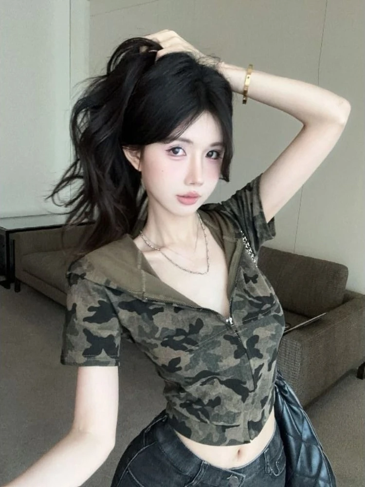 2026 Camouflage Streetwear Hooded Casual Coat Y2k Aesthetic Women Vintage Cropped Harajuku Grunge Slim Fit Zipper s