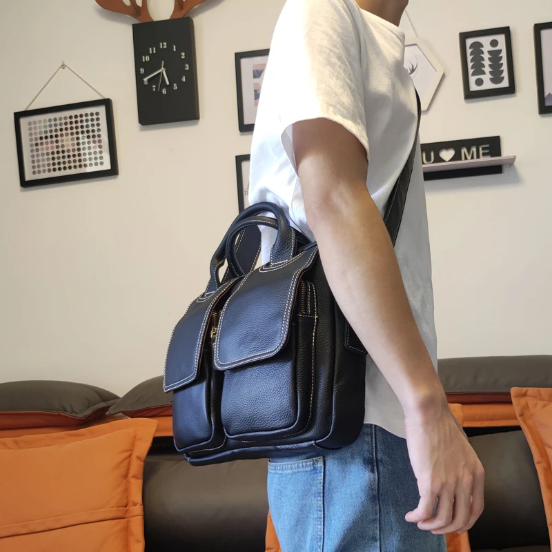 PNDME カジュアル ハンドメイド ソフト 本革 メンズ ブリーフケース 旅行 通勤 高級 牛革 ハンドバッグ ブラック メッセンジャーバッグ