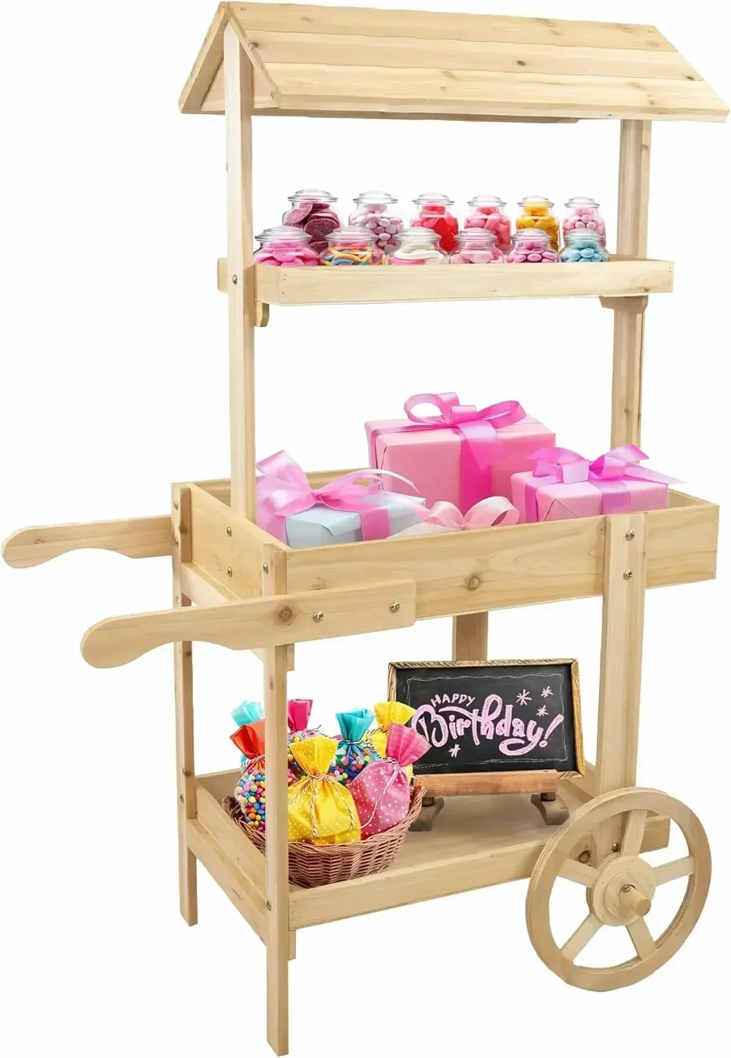 [New Arrival, Free Shipping!]Country Market Flower Cart Display Stand with Wheels  2 Shelve Fir Wood  30 lb Weight Capacity Natu