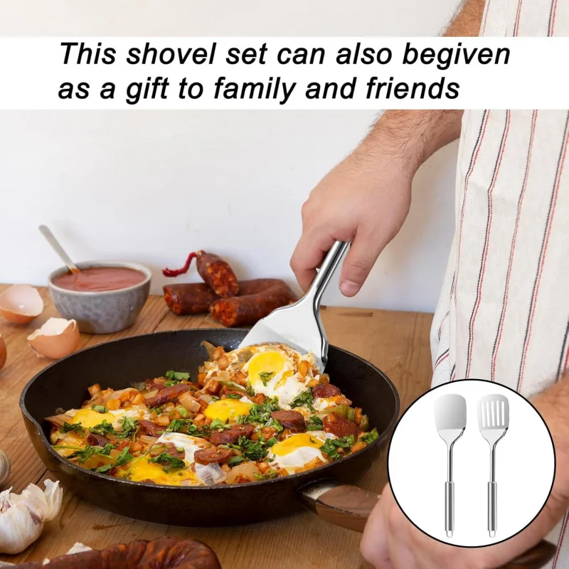 【2-عد من حلقات الفولاذ المقاوم للصدأ】تصميم سميك للغاية بمقبض مجوف، ملعقة من درجة المطاعم للمقالي غير اللاصقة