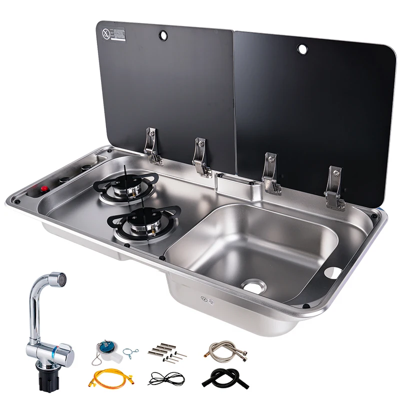 304 Stainless Steel RV Sink With Double Burner Gas Stove Glass Lid Camper Caravan Boat Kitchen Combo