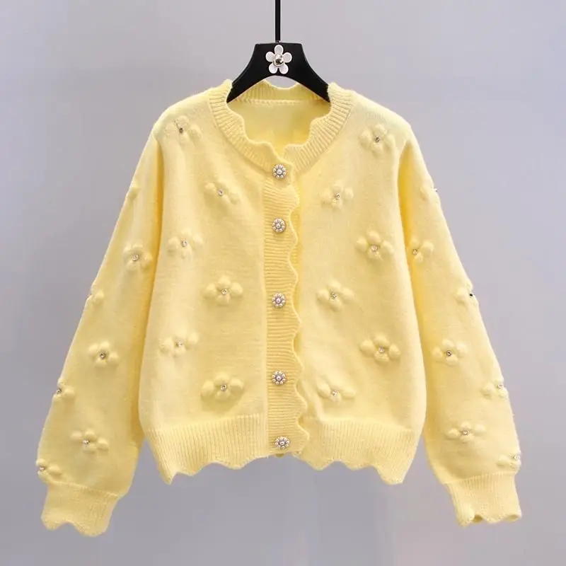 Damen Strass 3d Blume süß schick kawaii y2k Strick pullover Herbst Winter trend ige adrette Stil Langarm Knopf Strickjacke