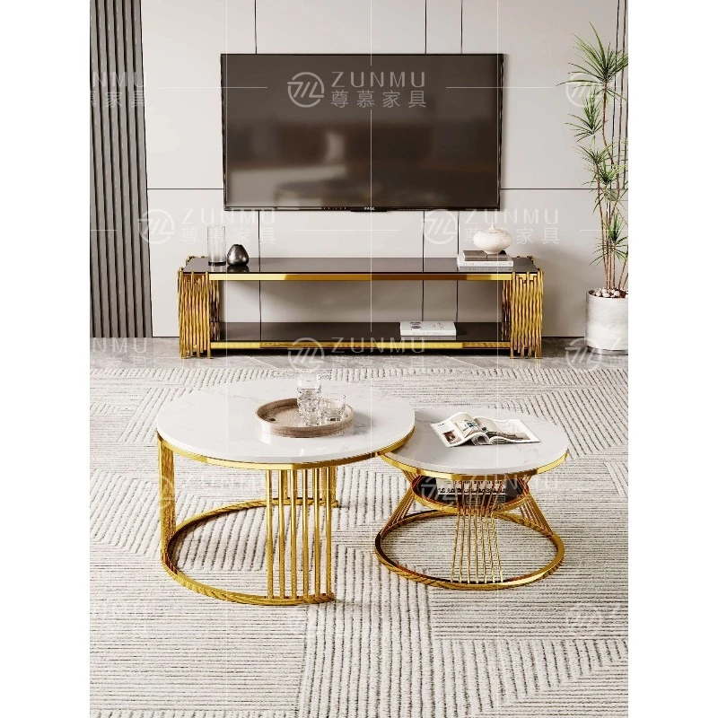 

Stainless steel glass flower stand living room marble TV cabinet combination simple side few