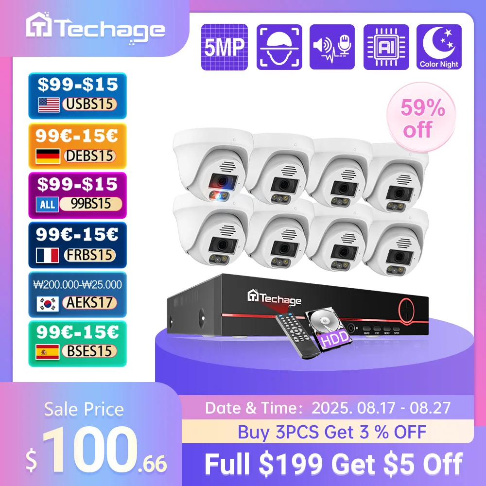 

Techage H.265 8CH 4K 5MP POE Security Camera System 8MP Face Detect Dome Indoor Two Way Audio Color Night Video Surveillance Kit