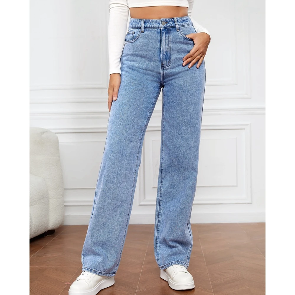 Autumn Vintage Casual Blue Straight Women Jeans Lady Washed Spring Female Wide Leg High Waist Denim Pants Work Wear y2k Trouses