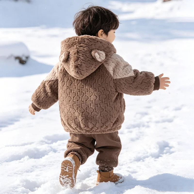 1-6 Years Boys Winter Plush Warm Jacket Faux Fur Cartoon Ear Hooded Coat Kids Fashion Color Blocking Sports Outerwear  Yk129