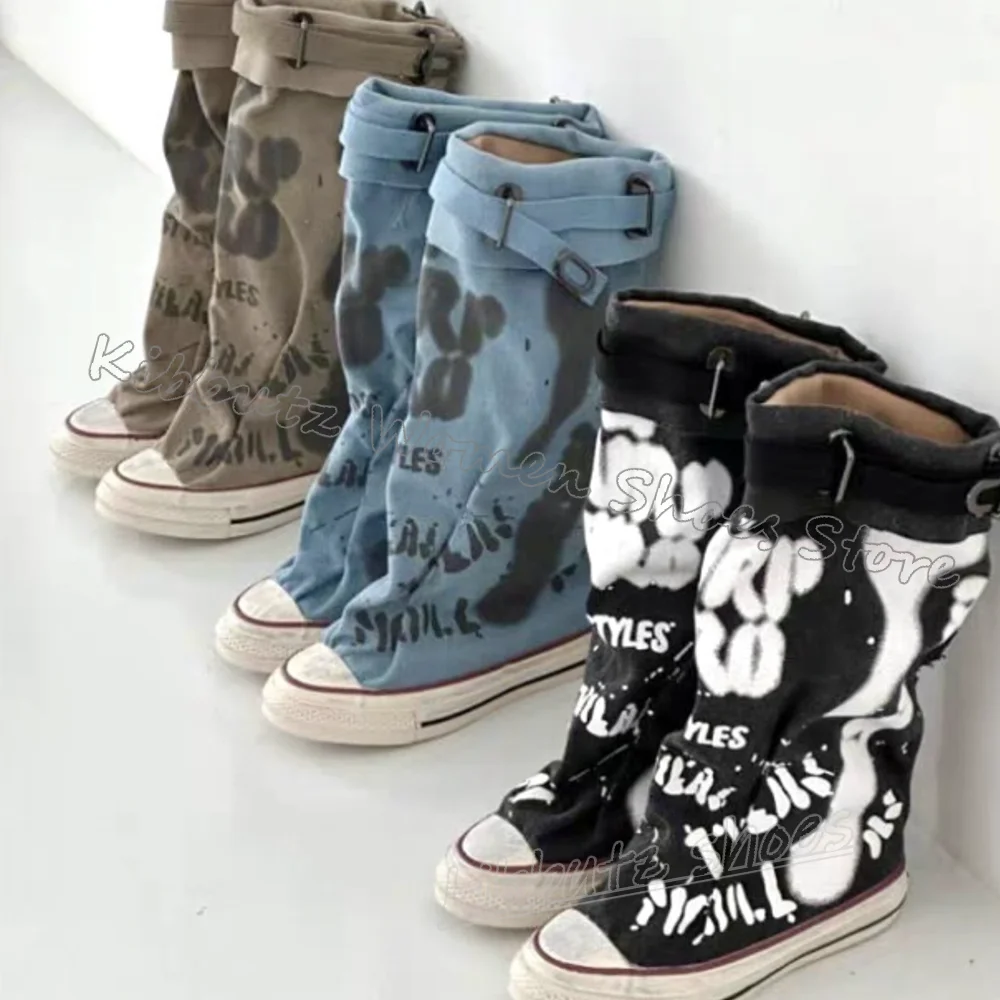 

Street Style Sneaker Boots Knee High Belt Buckles Mixed Color Fashion Elegant Concise Sexy Novelty Round Toe Flat with Shoes New