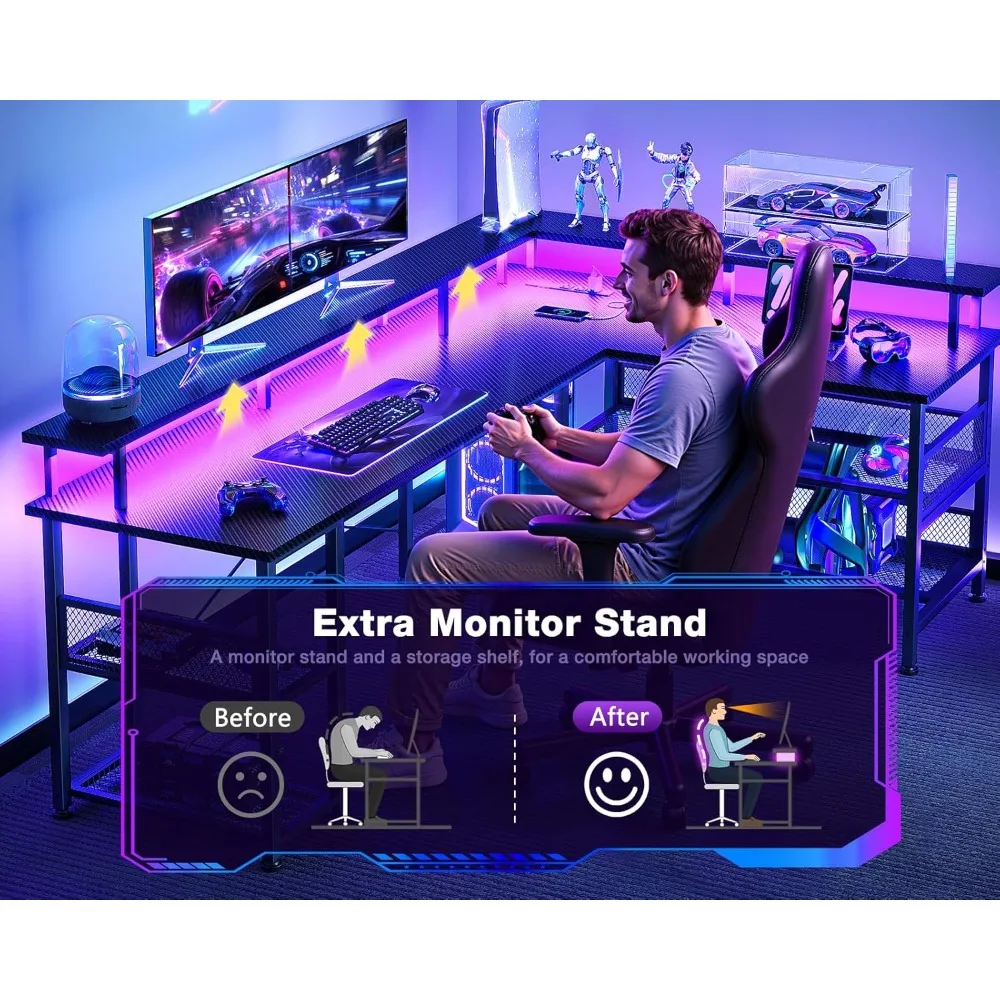 مكتب ألعاب على شكل حرف L بتصميم من ألياف الكربون ومخرج طاقة وإضاءة LED #5