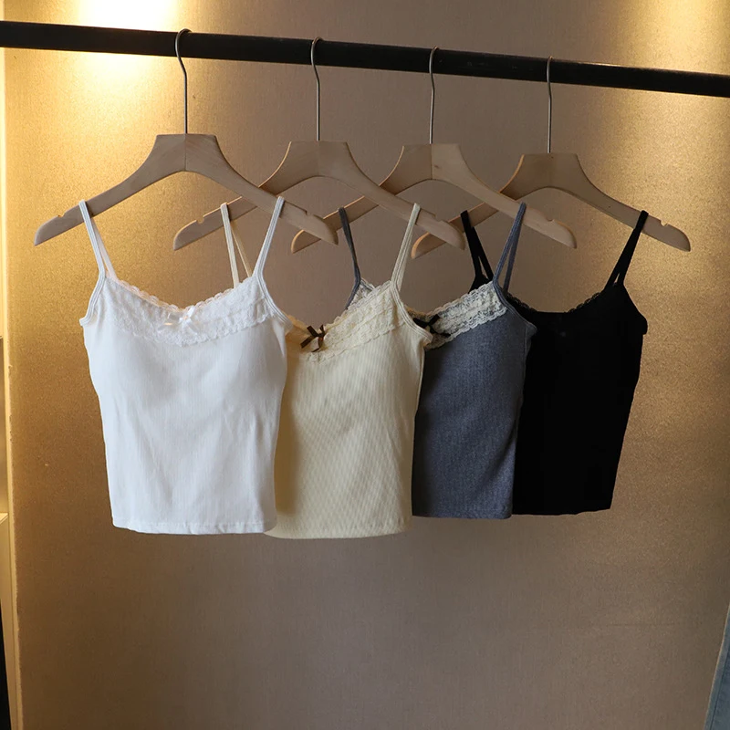 Knitted Crop Top Female Solid Color Sling Tops Knitwear Tank Top Sexy Slim Camisole Sleeveless Tops Vest For Women Sweet Bow