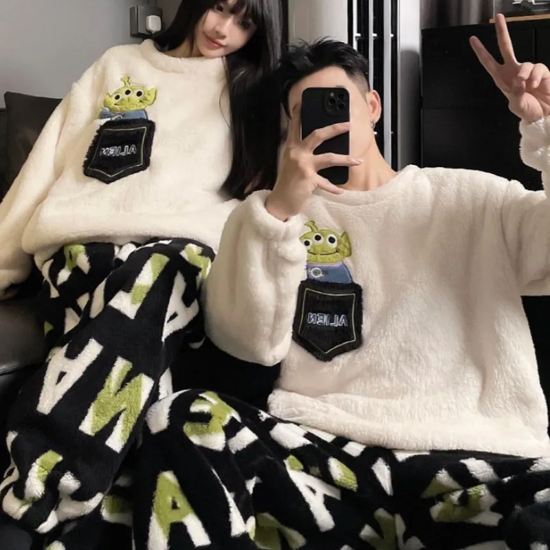 New Disney Alien Cartoon Anime Movie Character Kawaii Plush Warm Couple Pajamas Cute Creative Kawaii Thickened Home Clothes Set