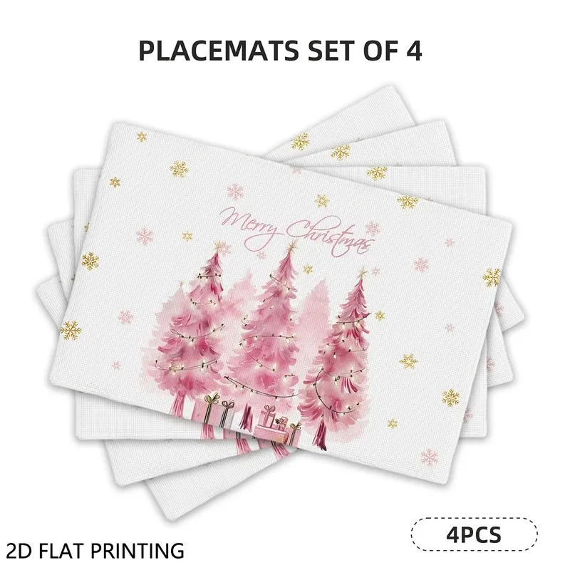 VIKAMA Christmas Linen Placemats, Pink Christmas Tree Lights, Machine Washable Heat Resistant, Holiday Dinner