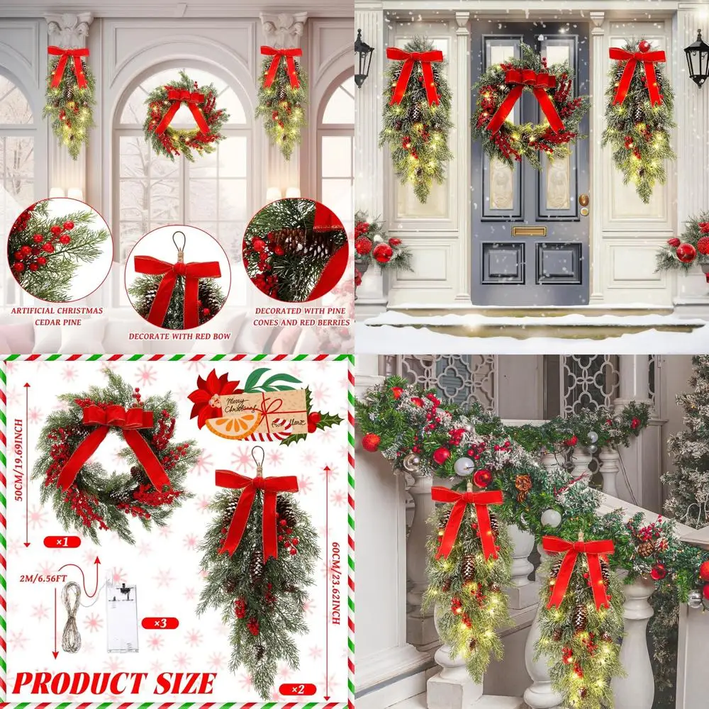 مجموعة 24 إكليل عيد الميلاد الاصطناعي المضاء مسبقًا مع الصنوبر والسرو والأقواس والتوت لديكور العطلة الخارجية #1