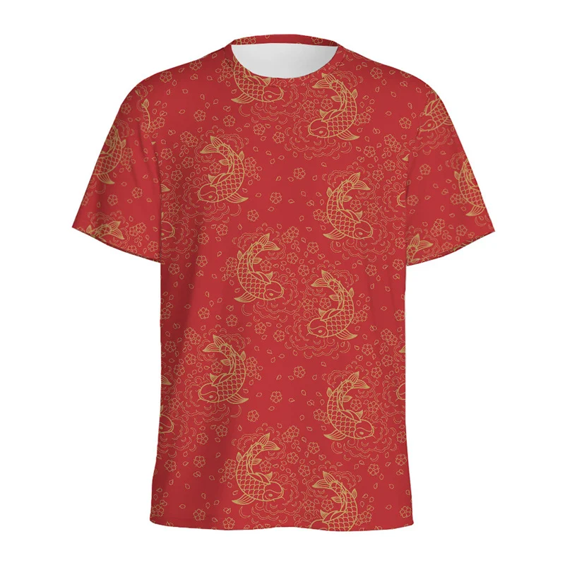 

Vintage Chinese Koi Carp Fish T-shirt For Men 3D Printed Fishes T Shirt Women Loose Short Sleeve Street Round Neck Top Tees