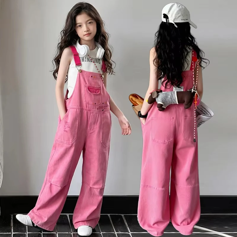 Newly arrived Girl Pink Denim Dungarees Bib Jeans for Teens Girl Casual Suspender Jumpsuit Kids Fashion Pants Overalls for 4-14Y
