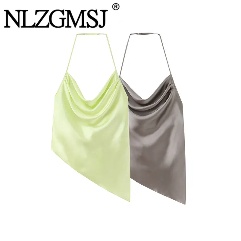 NLZGMSJ 2026 Summer Sexy Chic Satin Women Tops Solid Halter Backless Cami Slim Short Vest Fashion Female Party Vest