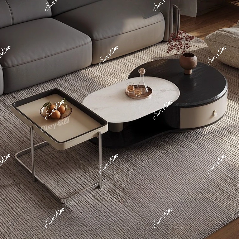 Italian minimalist microcrystalline stone coffee table home living room size saddle leather coffee table combination