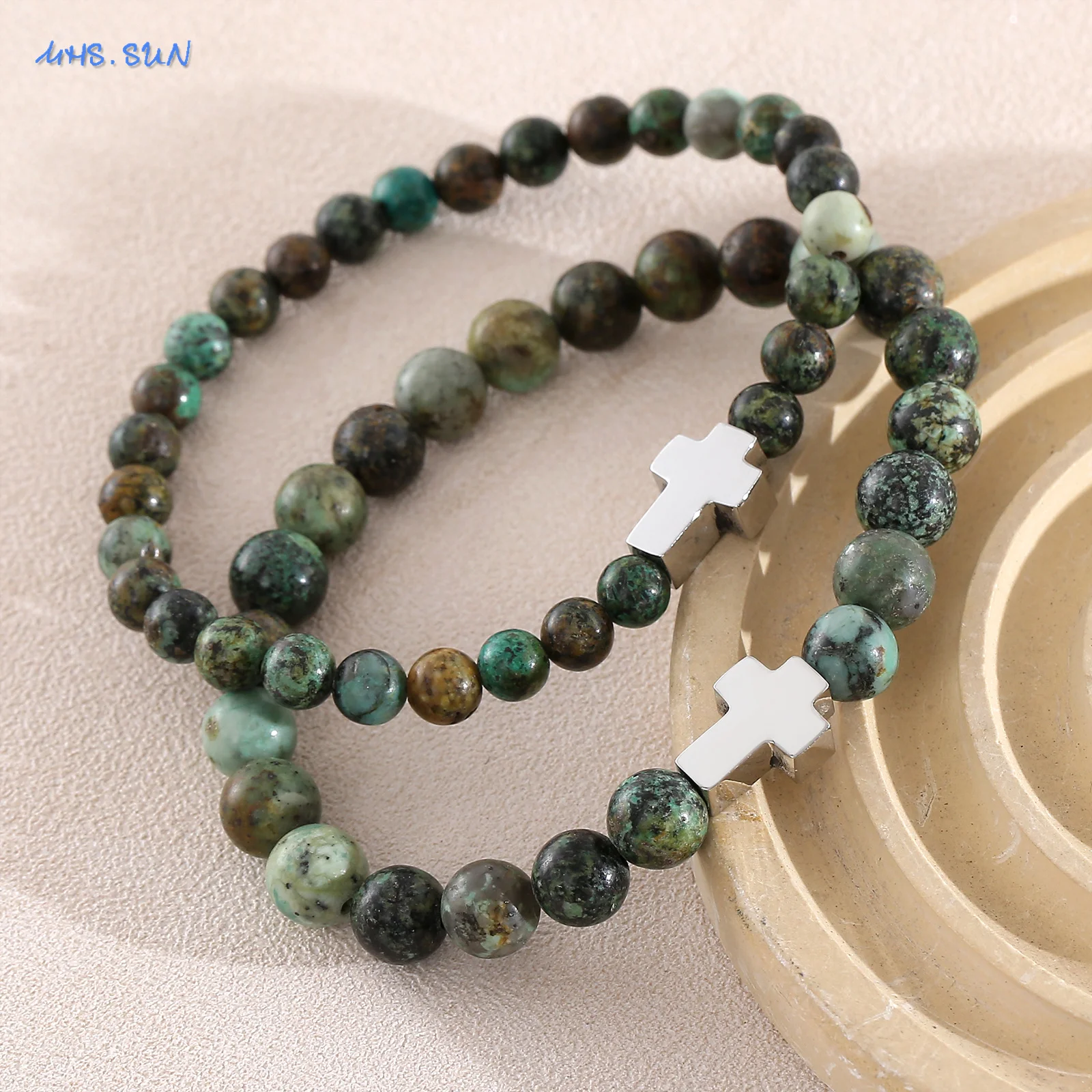 Fashion 6/8MM Tiger Eye Natural Stone Beaded Bracelets For Men Stainless Steel Cross Charm Bracelet Handmade Jewelry 1Pc
