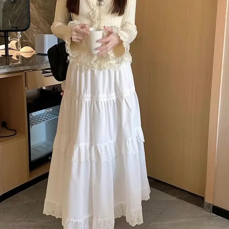 

Новая белая юбка А-силуэта с кружевом и высокой талией из полиэстера, повседневная, для офиса, скрывающая бедра, для фигуры типа «груша», 2025 год