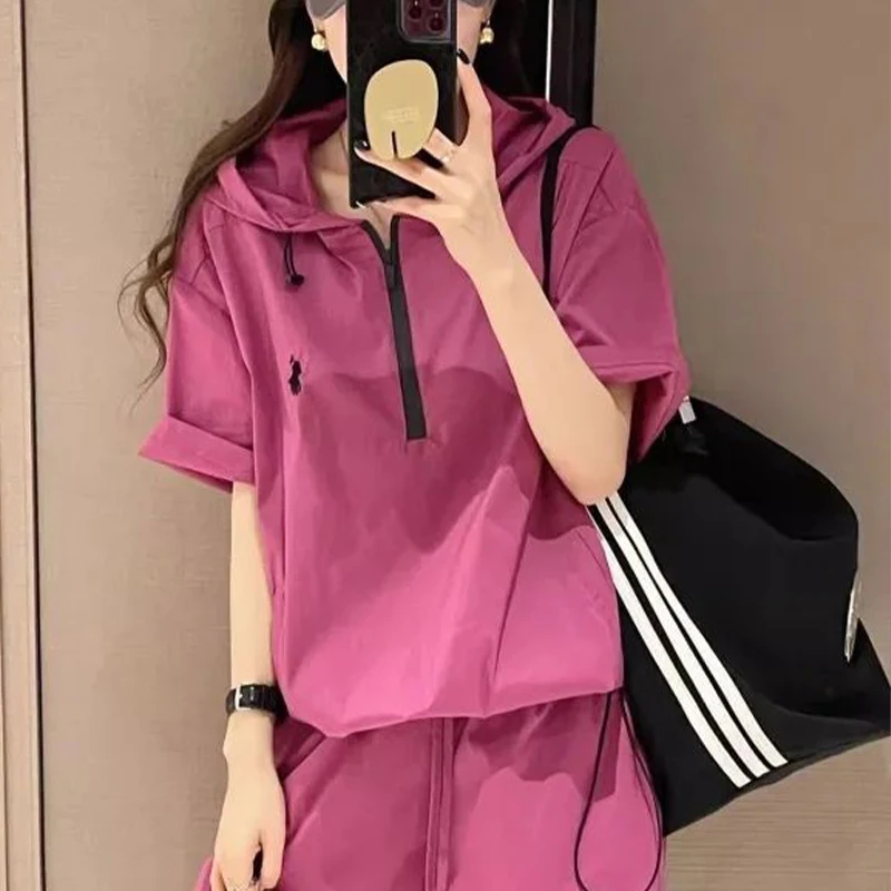 Casual Commuting Women's Set Summer New Age Reducing Slimming Hooded T-shirt+wide Leg Shorts Sports Two-piece Set for Women