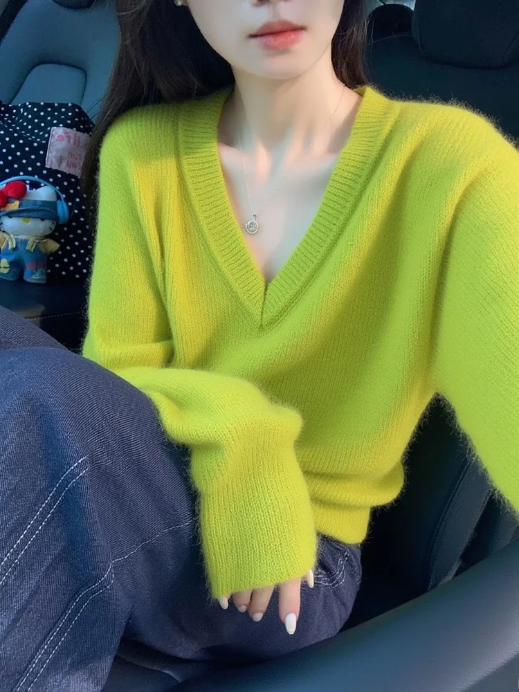 

Женский свитер Camere V-Ne, свободный крой, мягкий уютный вязаный топ, весна-осень-зима, повседневный однотонный свитер