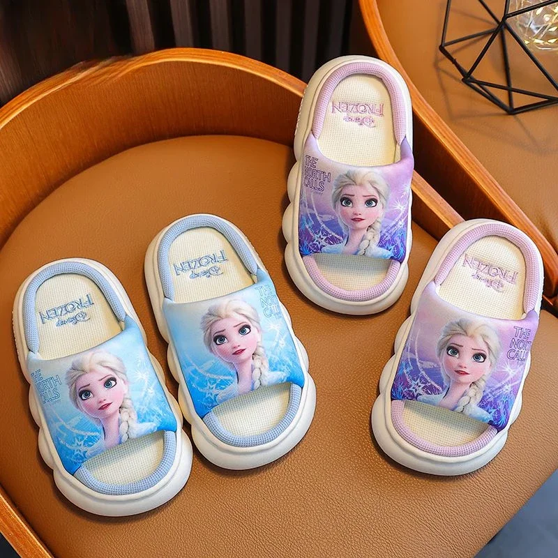 Disney Princess Elsa Home Slipper Frozen Girls\' Breathable Non-slip Thick Sole Baby Floor Slippers Sandals Peep-Toe Blue Shoes