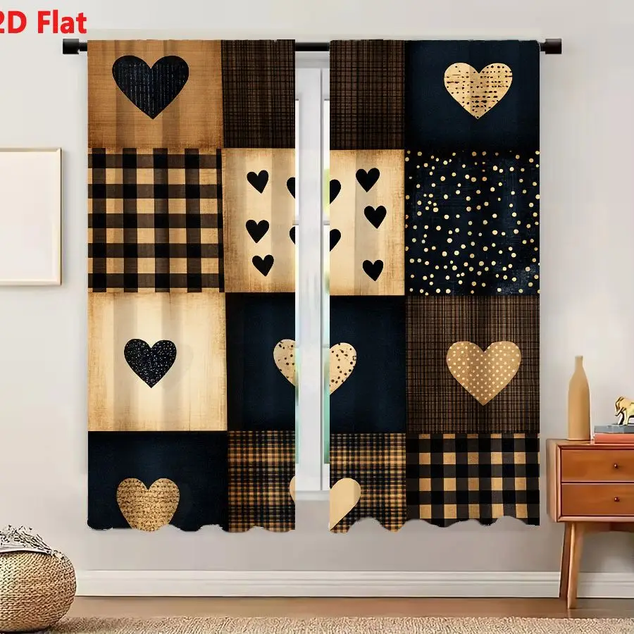 2Pcs Curtains 2D Flat Nine Panel Patchwork Grid Black Navy Brown Beige Wood Heart Buffalo Plaid Dots Window Drapes for Bedroom R