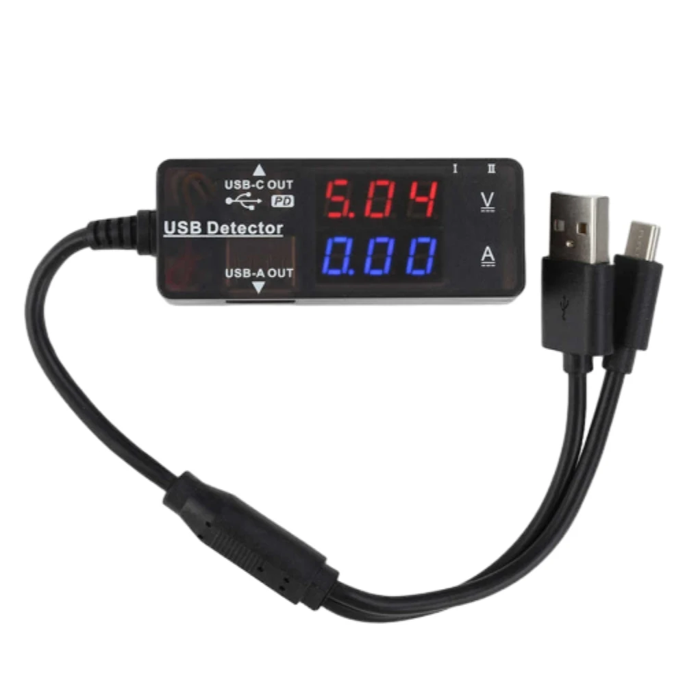 USB Charger Tester Voltmeter Ammeter Tester Dual LED Display Voltage Current Meter Mobile Power Detector with USB/Type-C Cable