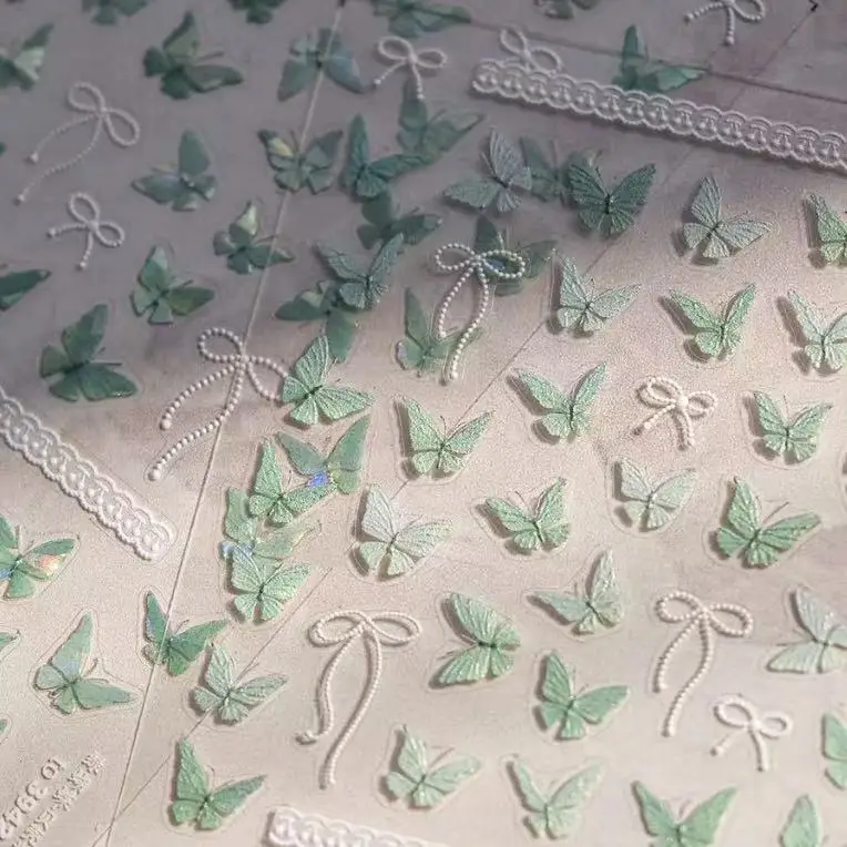 

3D Relief Mint Green Nail Stickers Shell Luster Butterfly Ethereal Self Adhesive Decals for Manicure DIY