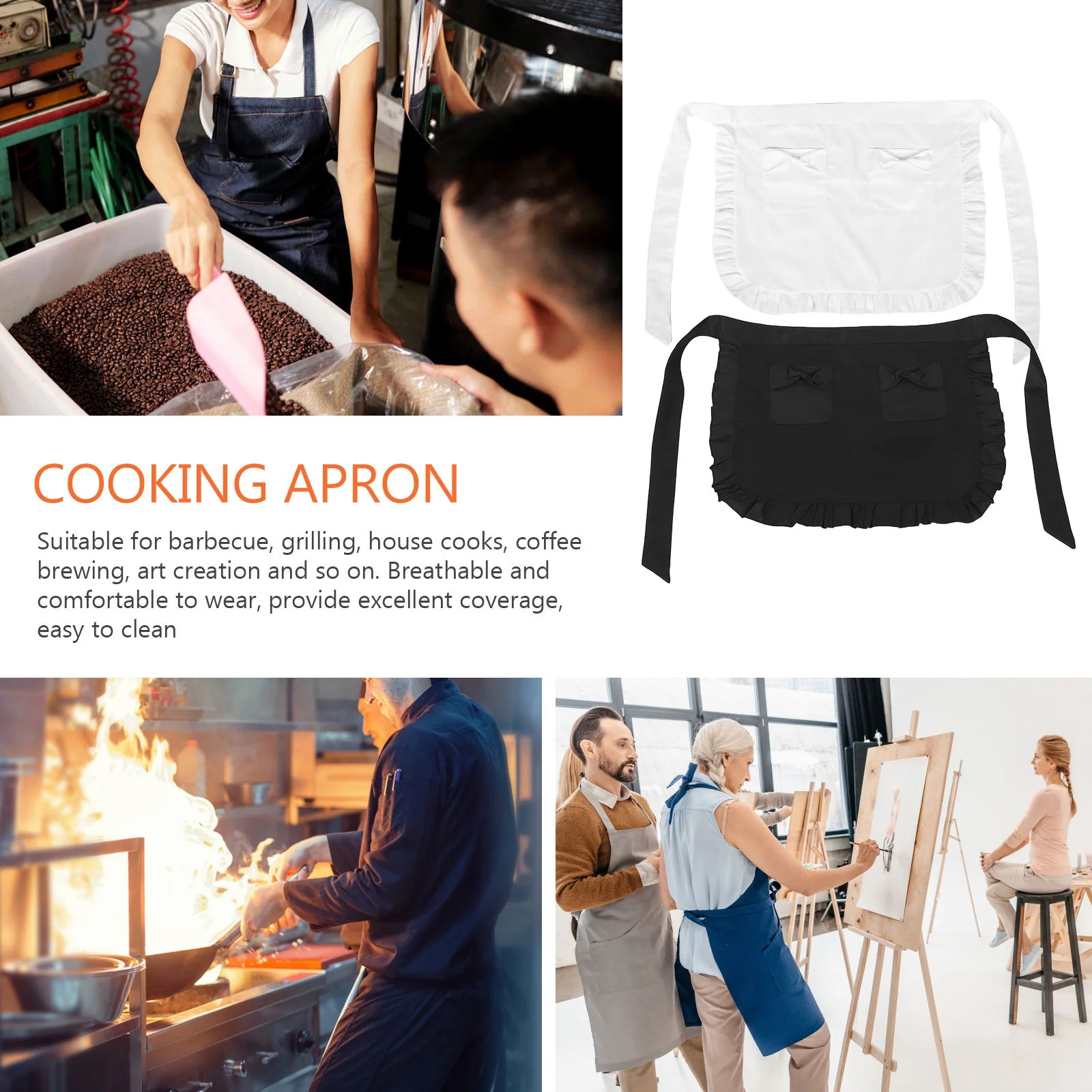 

Half Apron With Ruffles Pockets Waist Chef Kitchen Waitress Serving Apron For Coffee Shop Restaurant Bistro Workwear