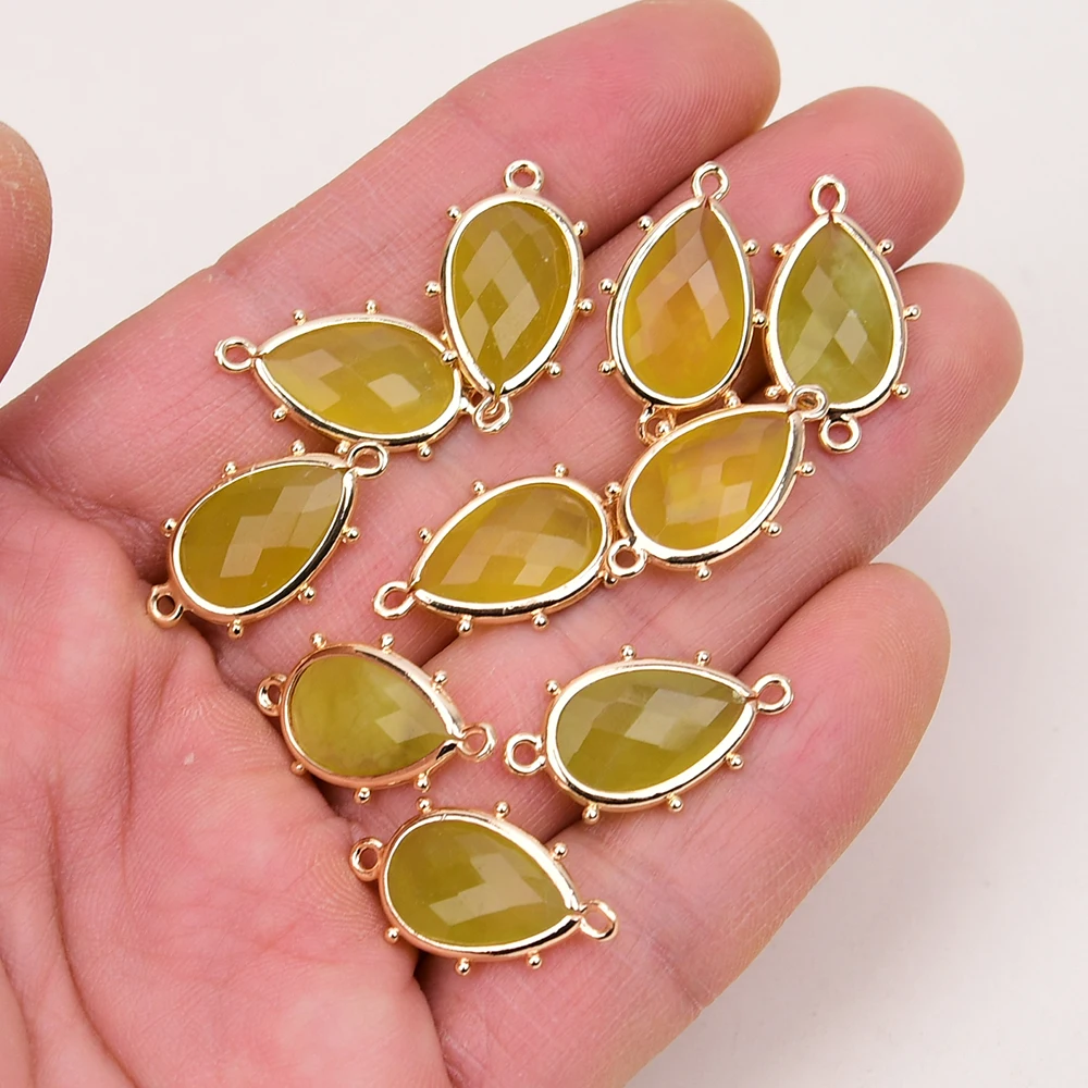 

APDGG Wholesale 10 Pcs Faceted Yellow Jade Gold Plated Edge Pear shaped Connector Trim Double Rings Jewelry Finding DIY