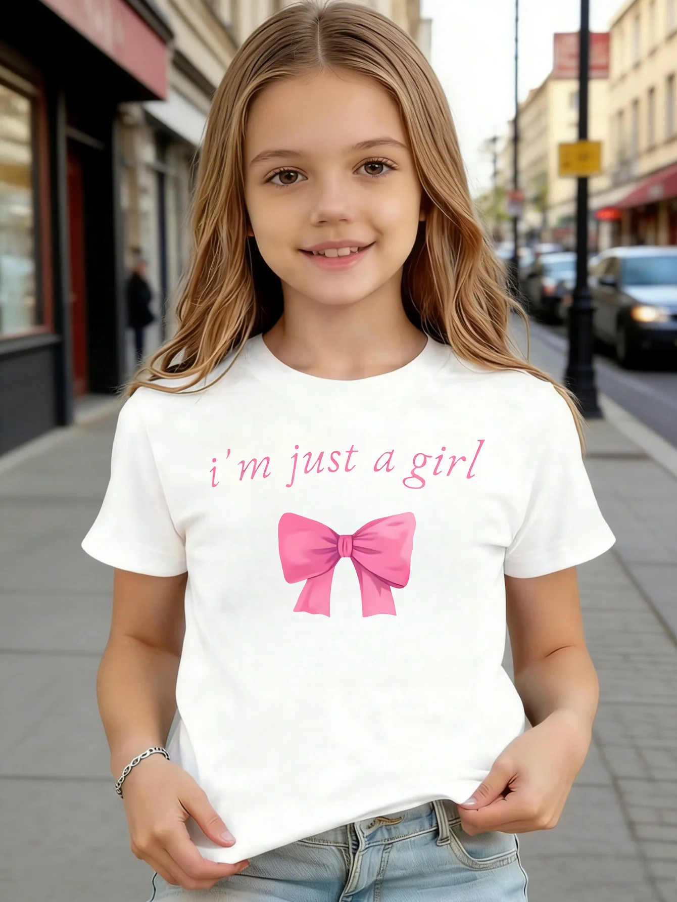 I Am Just A Girl Kids Tee Pink Bow Letter Print Boys Girls Family Matching Cotton Summer Short Sleeve Basic Children Tshirt