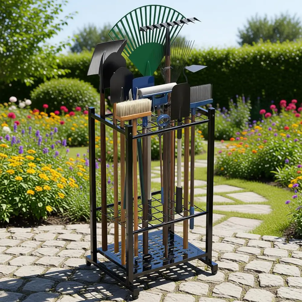 Heavy-Duty Outdoor Garden Tool Organizer, 35-Tool Capacity, Black Steel Yard Storage Rack