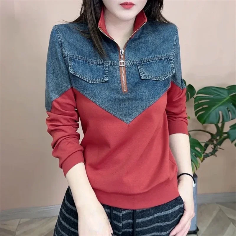 Women's Jacket Plus Size Mom's Stand-up Collar 2026 Spring Fashion new Casual Zipper Denim Stitching Bottoming Shirt Jacket KX36