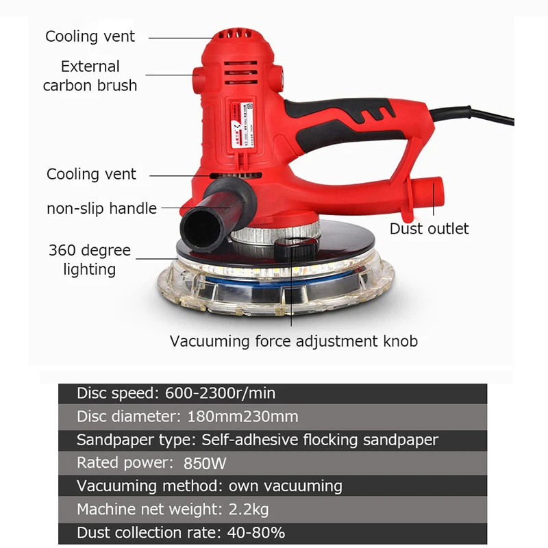 850W Electric Drywall Sander Wall Putty Polisher Hand Grinder 220V Dustless Led Double Light Grinding Machine