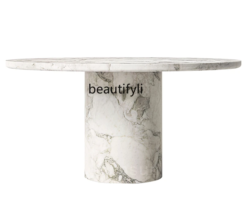 Dining table marble round table natural cream wind white table, high-end designer dining table