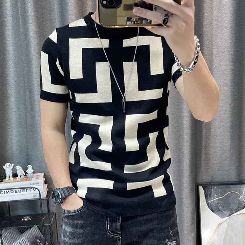 3 Color Men Summer Knitted Tshirt 2022 Korean O-neck Short Sleeve Top Tees Streetwear Male Social Club Slim Fit Casual T-Shirt