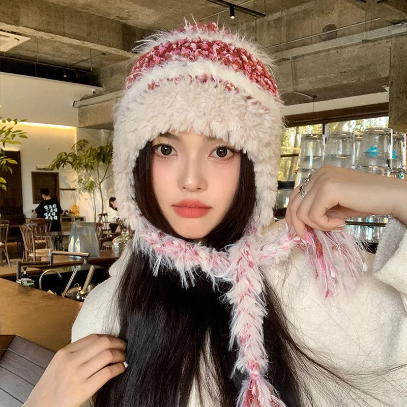 Autumn and Winter Plush Knitted Woolen Hat with Multi color Splicing and Cold proof Lei Feng Hat, Women's Hoodie