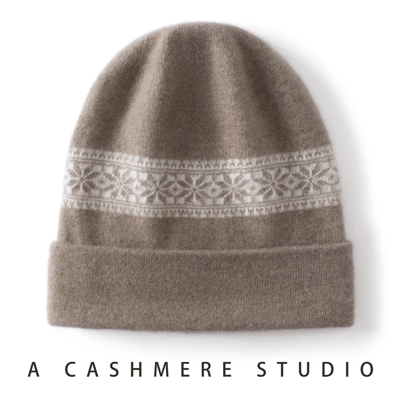 100% Cashmere Jacquard Knitted Beanies 2026 Women Snowflake Caps Holiday Present Hat Mens Winter Thick Cashmere Warm Bonnet