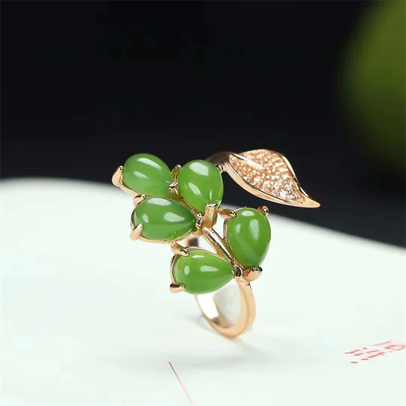 

Hot selling natural hand-carved jade silve inlaid Adjustable jasper Leaves ring fashion Jewelry Men Women Luck Gifts