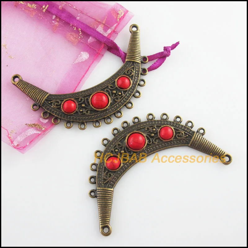 Fashion 2Pcs Antiqued Bronze Plated Moon Flower Red Stone Charms Pendants Connectors 40x67.5mm