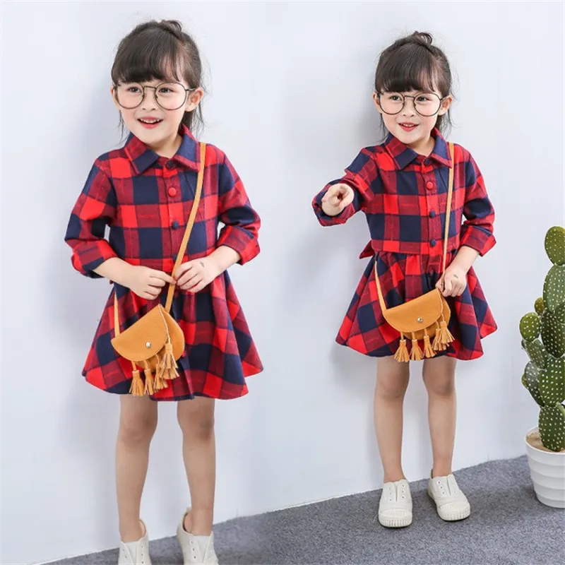 Summer New Baby Girl Dress Plaid Pattern A Word Lapel Casual 7 Point Sleeve Sweet Princess Dress Birthday Party Team Dress