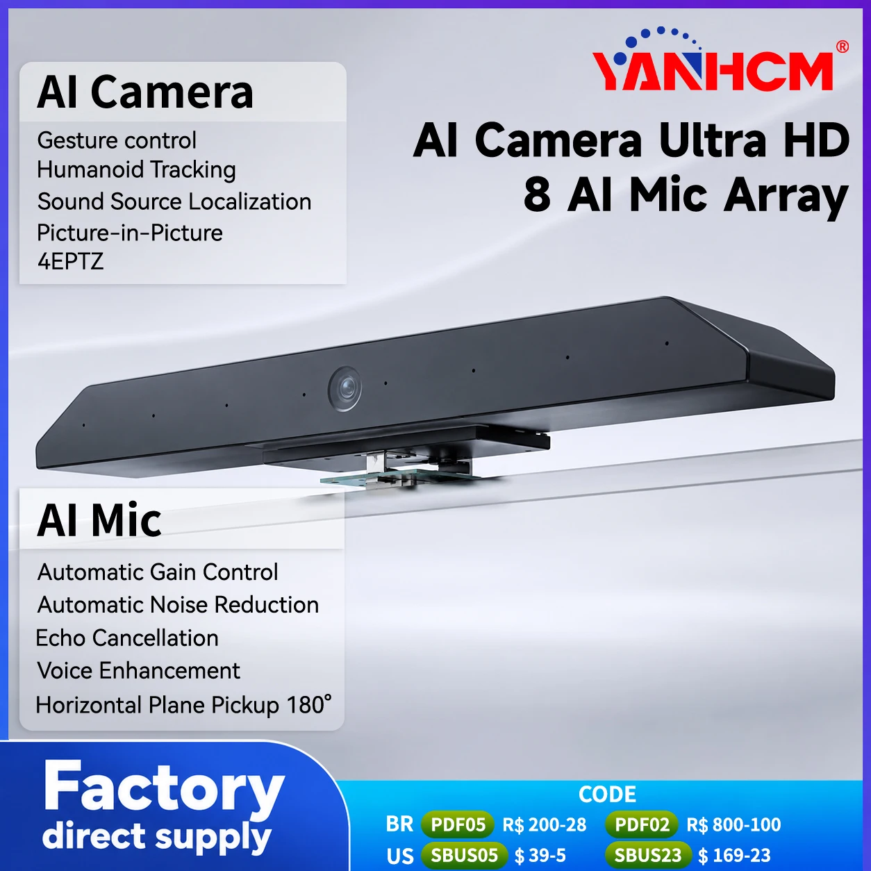 8MP AI Video Camera 1080P 4K HD 8 Array Mic FF USB Plug and Play Human Tracking Sound Source Localization Video Conferencing