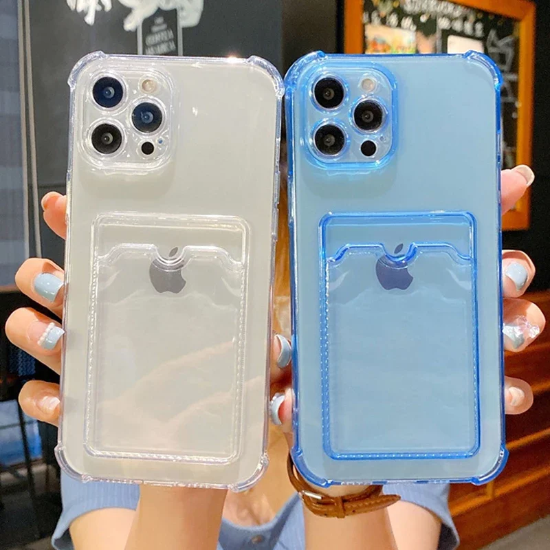 Durable Card Slot Transparent Phone Case For iPhone 12 11 13 Pro XR XS Max 6 7 8 Plus mini Wallet Soft Shockproof Back Cover