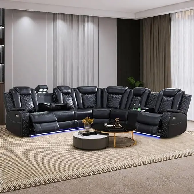 

Black Leather Power Reclining Sectional Sofa Sectional Couch with Recliner Living Room Set LED Light/Read Light/Storage Console