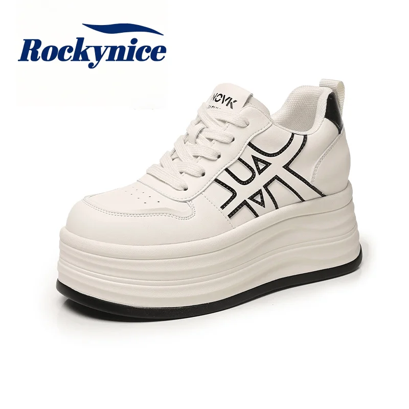 Women's Casual Sport Dad Shoes High Platform Genuine Leather White Shoes New Autumn Winter 9CM Thick Bottom Comfortable Sneakers